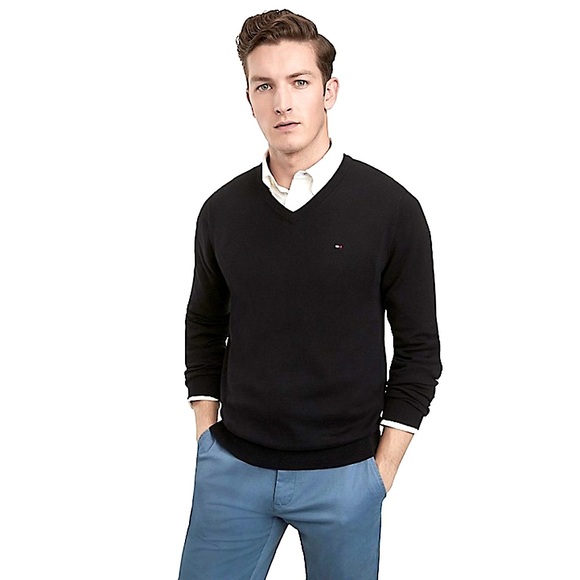 Tommy Hilfiger Black Signature Logo Solid V-Neck Sweater, Men’s Size Medium. - Picture 6 of 16